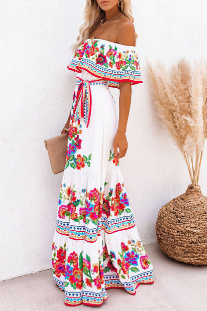 Vestidos de línea A con hombros descubiertos y estampado vintage de patchwork