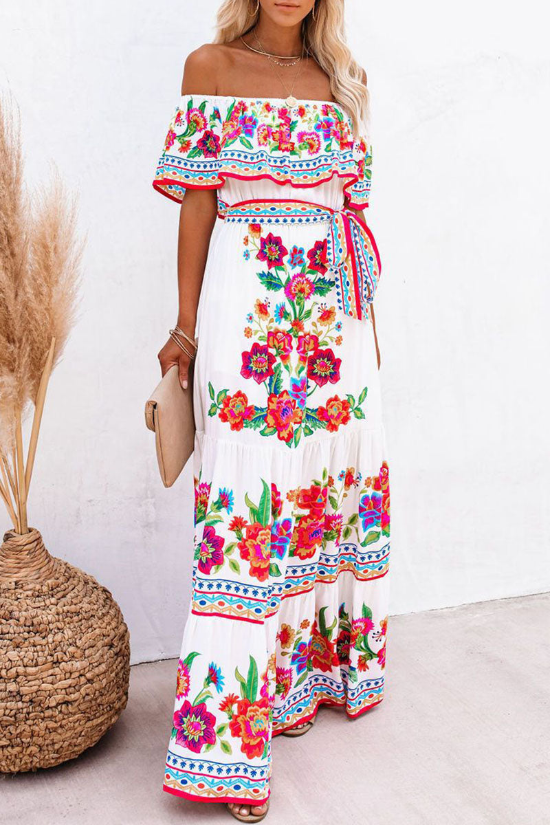 Vestidos de línea A con hombros descubiertos y estampado vintage de patchwork