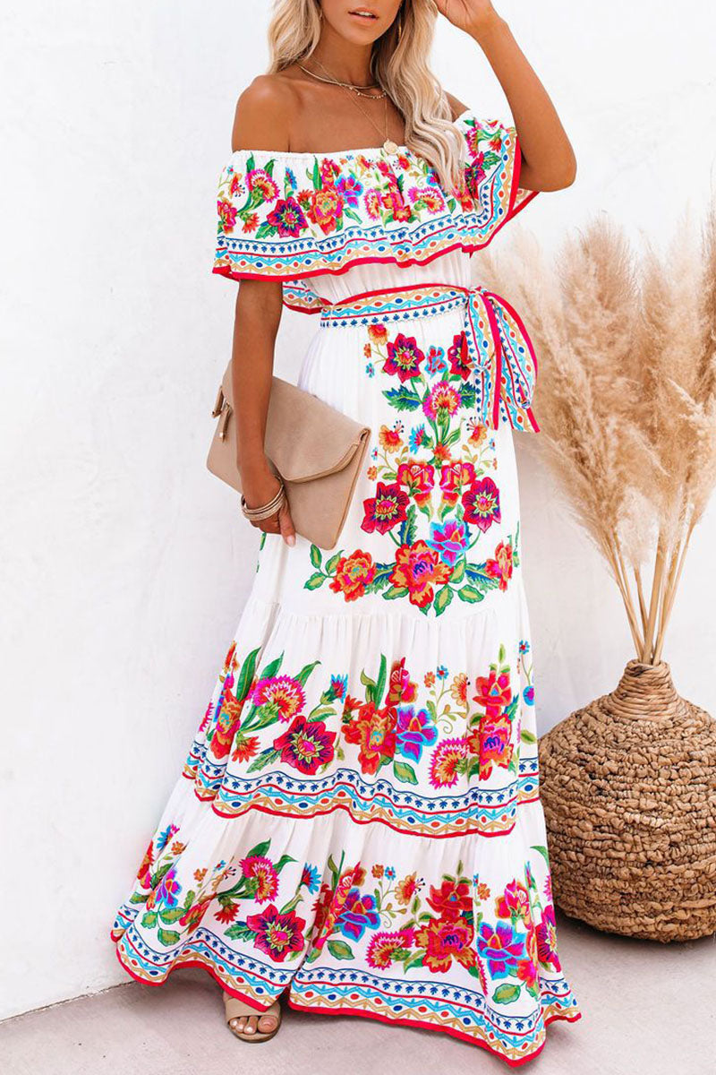 Vestidos de línea A con hombros descubiertos y estampado vintage de patchwork