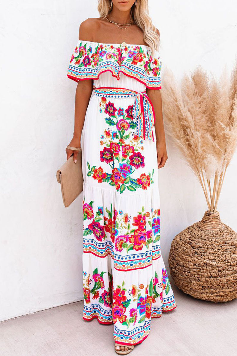 Vestidos de línea A con hombros descubiertos y estampado vintage de patchwork