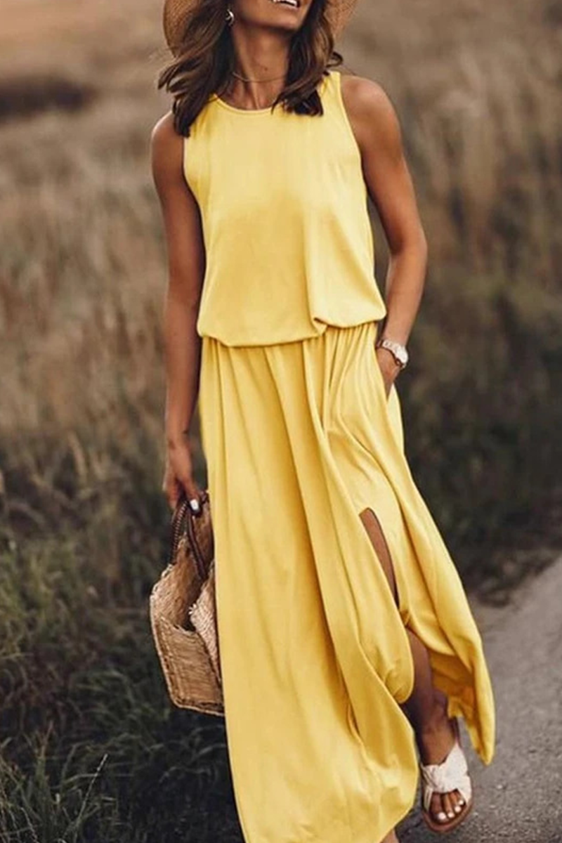Vestidos casuales de falda con abertura en la cintura y cuello redondo (8 colores)