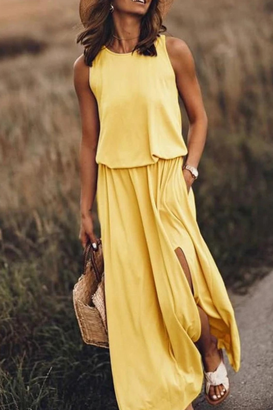 Vestidos casuales de falda con abertura en la cintura y cuello redondo (8 colores)