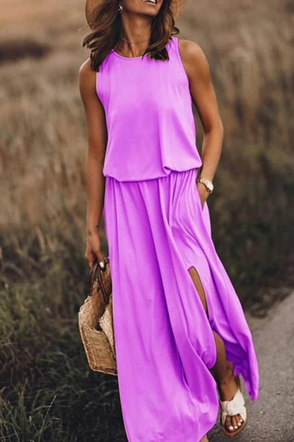 Vestidos casuales de falda con abertura en la cintura y cuello redondo (8 colores)