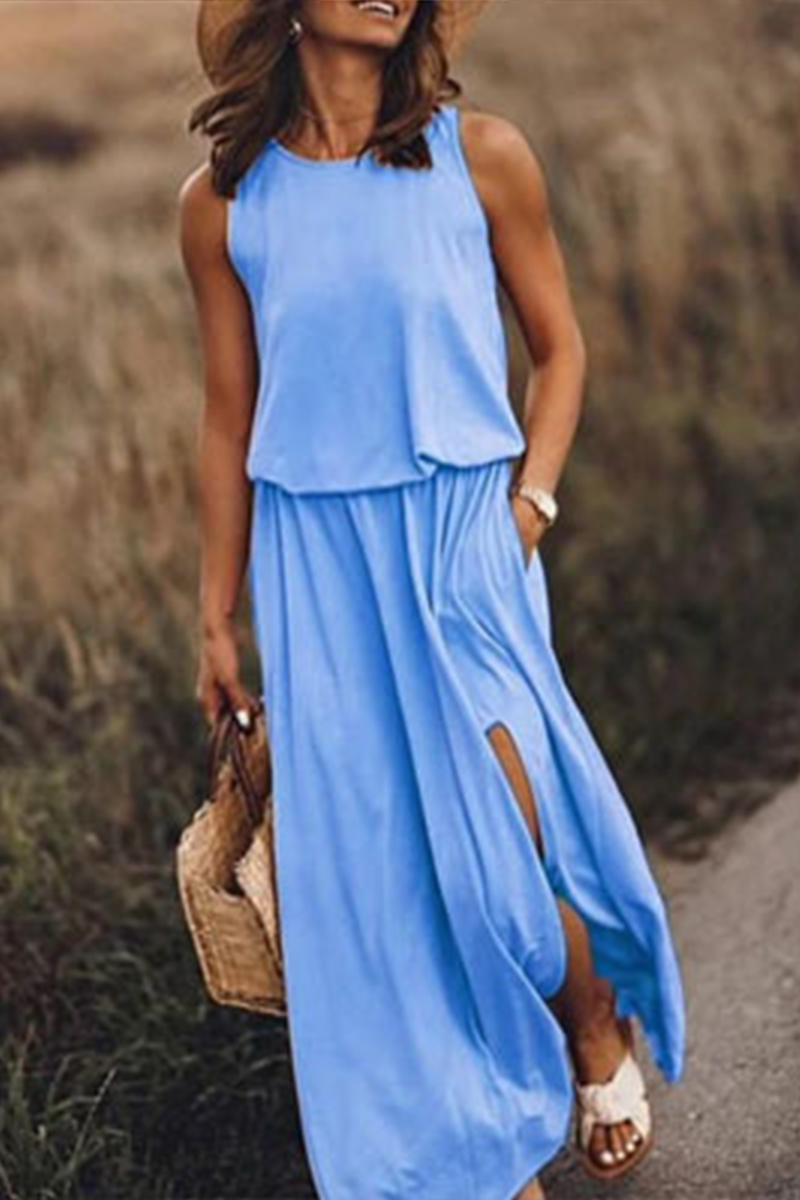 Vestidos casuales de falda con abertura en la cintura y cuello redondo (8 colores)