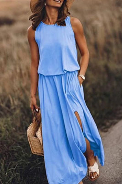 Vestidos casuales de falda con abertura en la cintura y cuello redondo (8 colores)