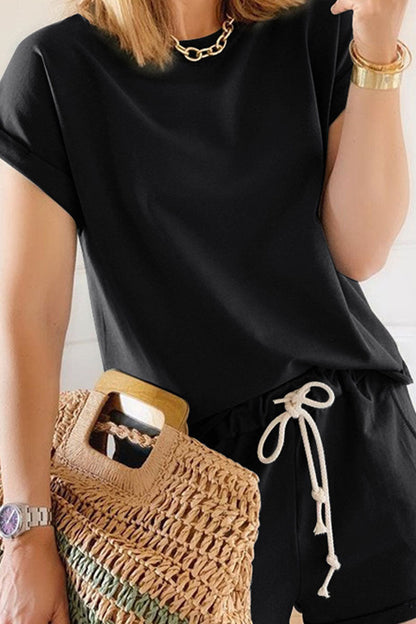 Conjunto de dos piezas de manga corta con cuello redondo y parches lisos de Fashion Living (6 colores)