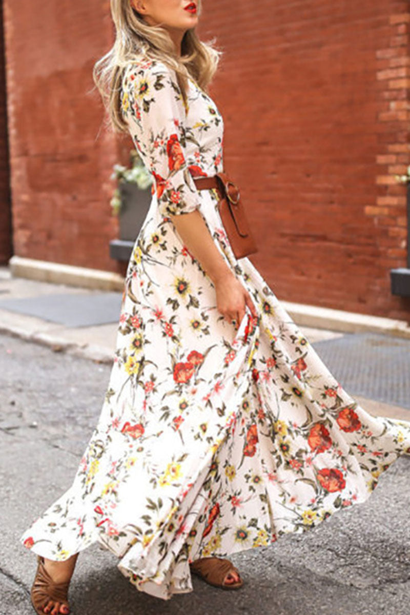 Vestidos elegantes de moda con estampado de patchwork y cuello redondo en forma de A