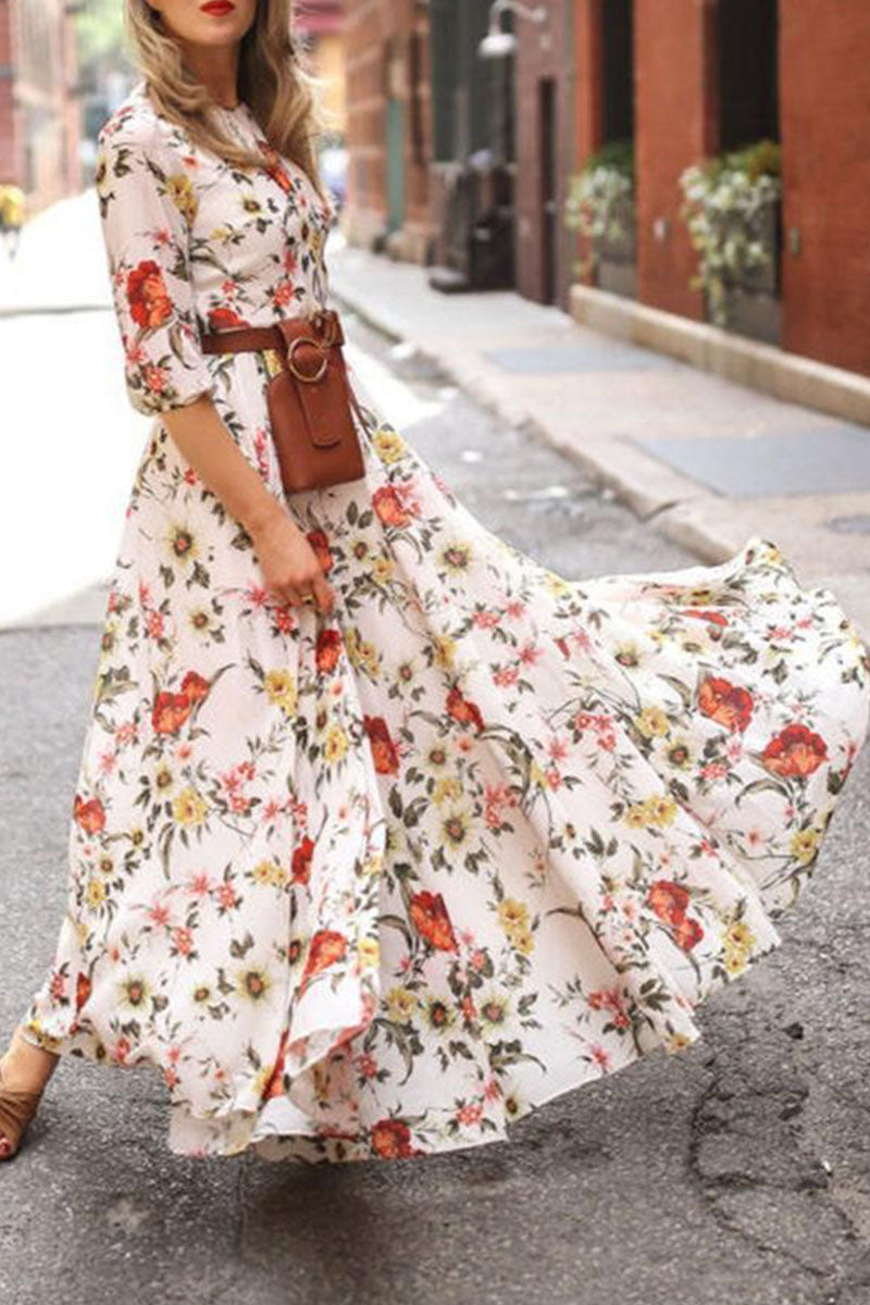 Vestidos elegantes de moda con estampado de patchwork y cuello redondo en forma de A