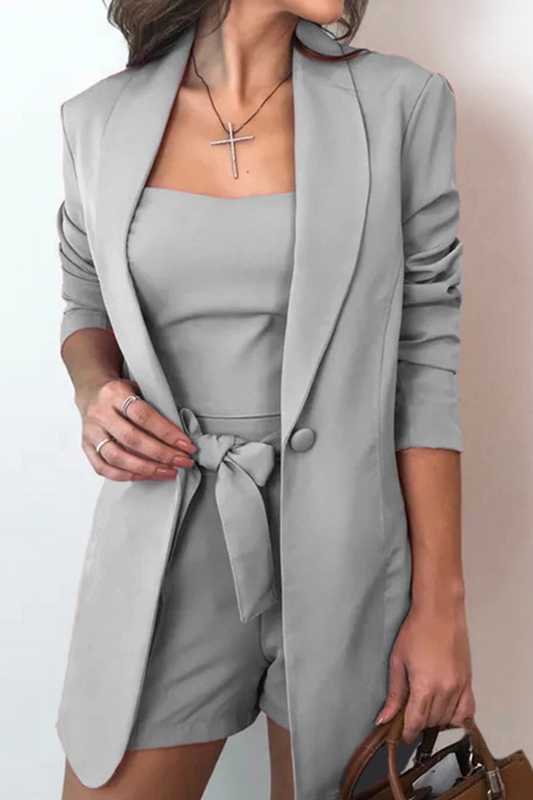 Conjunto informal liso con lazo y cuello vuelto, tres piezas (7 colores)