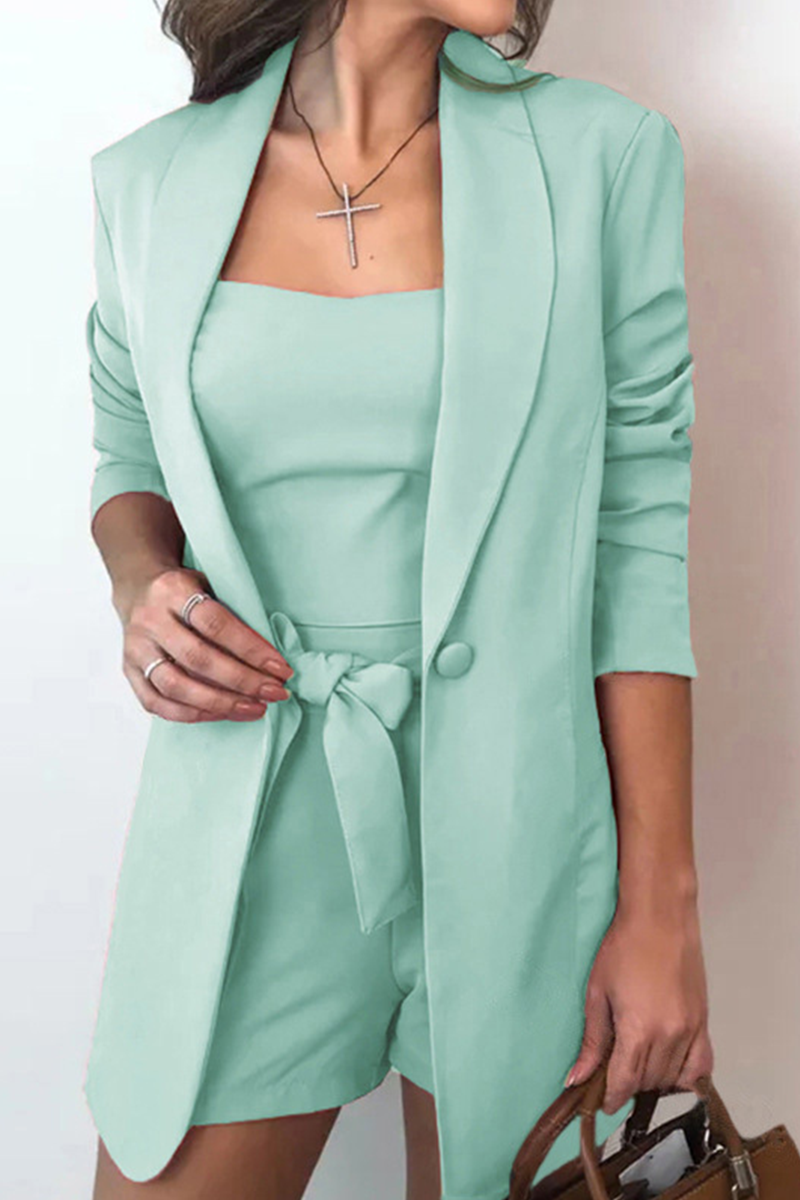 Conjunto informal liso con lazo y cuello vuelto, tres piezas (12 colores)