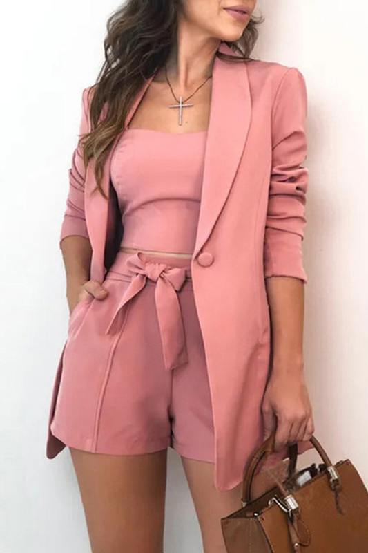 Conjunto informal liso con lazo y cuello vuelto, tres piezas (7 colores)