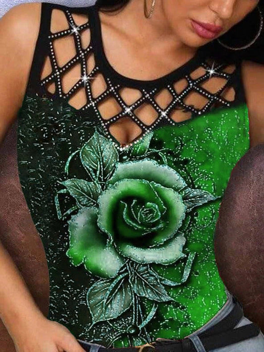 Tops de cuello redondo con estampado urbano, ahuecados y de taladro caliente
