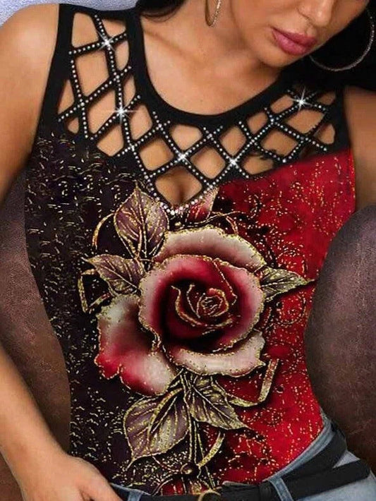Tops de cuello redondo con estampado urbano, ahuecados y de taladro caliente