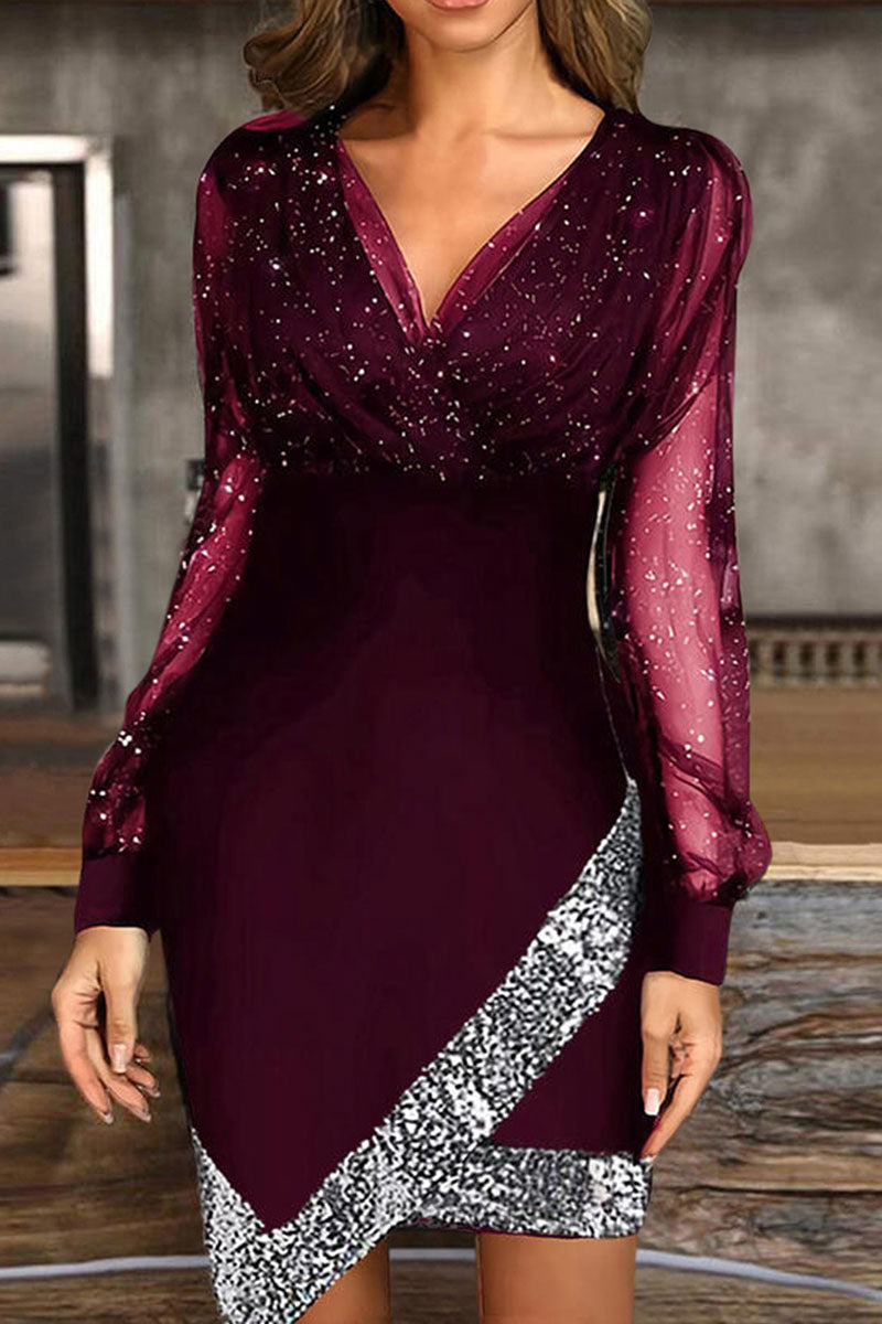 Vestidos de línea A con cuello en V y patchwork liso de moda urbana