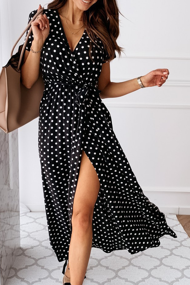 Vestidos elegantes de moda con lunares, abertura en el frenillo y escote en V, corte en A