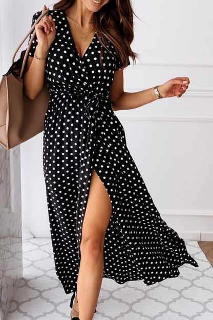 Vestidos elegantes de moda con lunares, abertura en el frenillo y escote en V, corte en A
