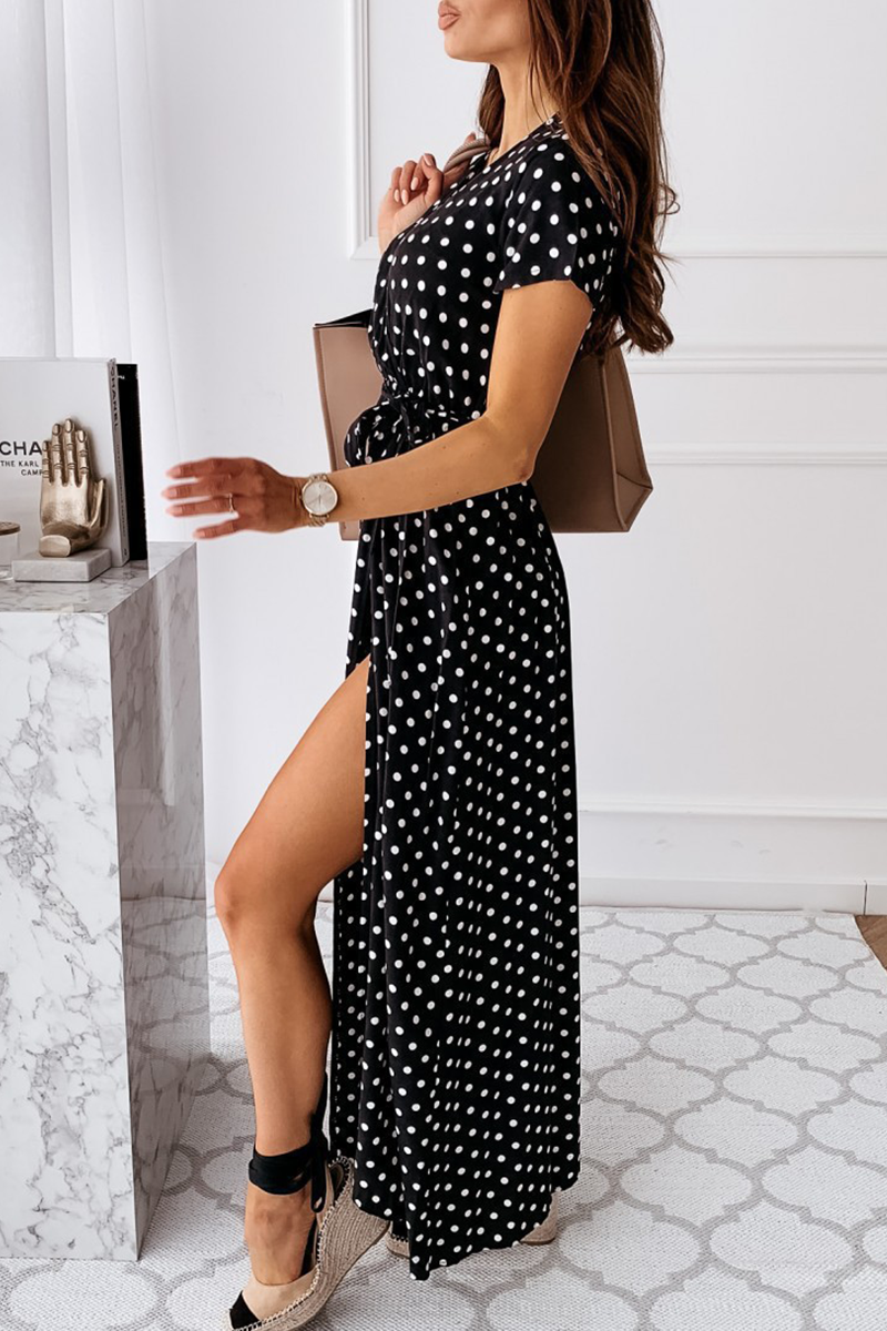 Vestidos elegantes de moda con lunares, abertura en el frenillo y escote en V, corte en A