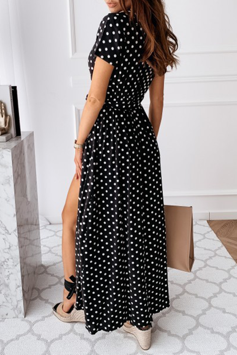 Vestidos elegantes de moda con lunares, abertura en el frenillo y escote en V, corte en A