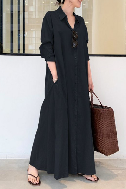 Vestido camisero informal con cuello vuelto, hebilla y bolsillos lisos (3 colores)