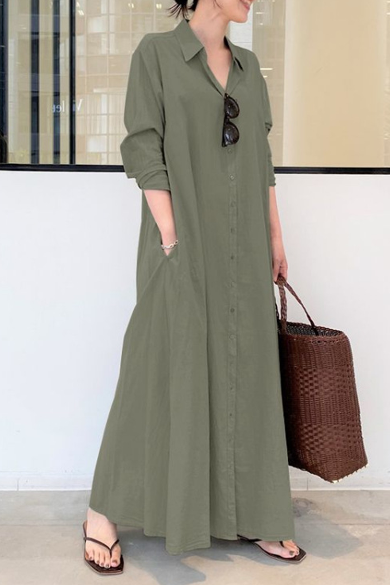 Vestido camisero informal con cuello vuelto, hebilla y bolsillos lisos (3 colores)