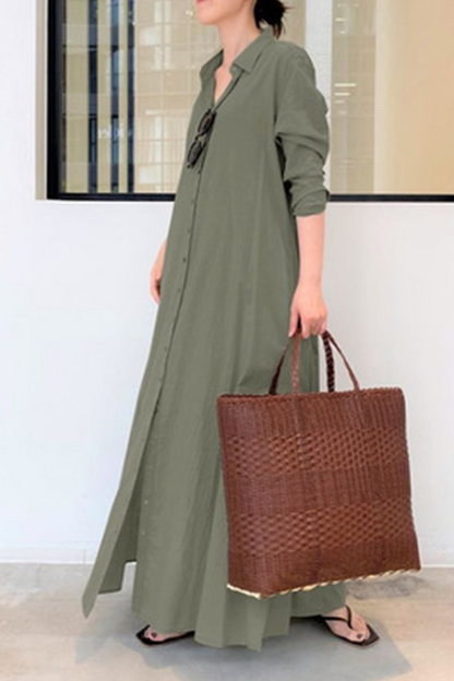 Vestido camisero informal con cuello vuelto, hebilla y bolsillos lisos (3 colores)