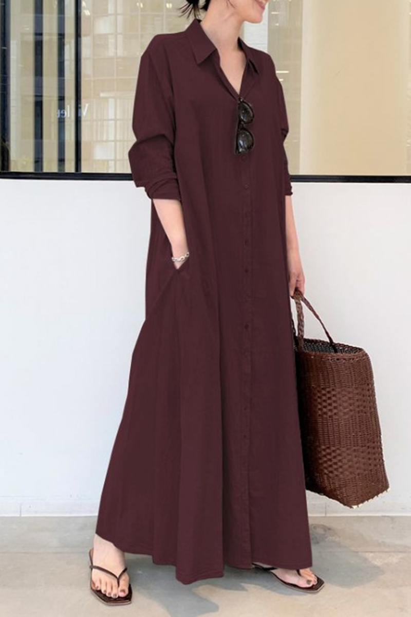 Vestido camisero informal con cuello vuelto, hebilla y bolsillos lisos (3 colores)