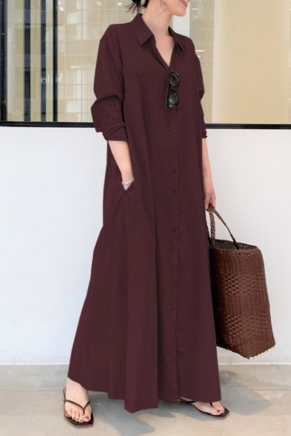 Vestido camisero informal con cuello vuelto, hebilla y bolsillos lisos (3 colores)