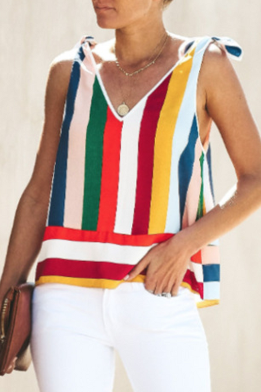 Elegant Striped Patchwork Strap Design V Neck Tops