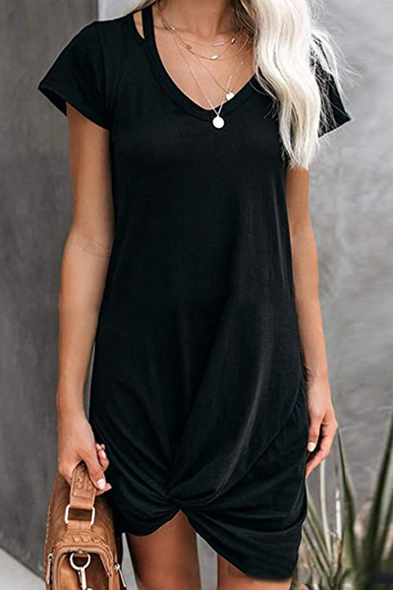 Vestidos casuales de corte A con cuello en V, patchwork liso y pliegues (4 colores)