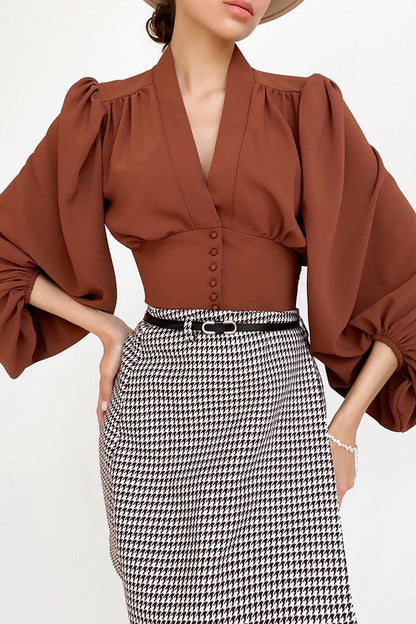 Blusas de cuello en V con patchwork liso de moda urbana