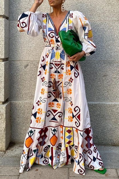 Vestidos elegantes de moda con estampado de cordón ajustable y escote en V con frenillo