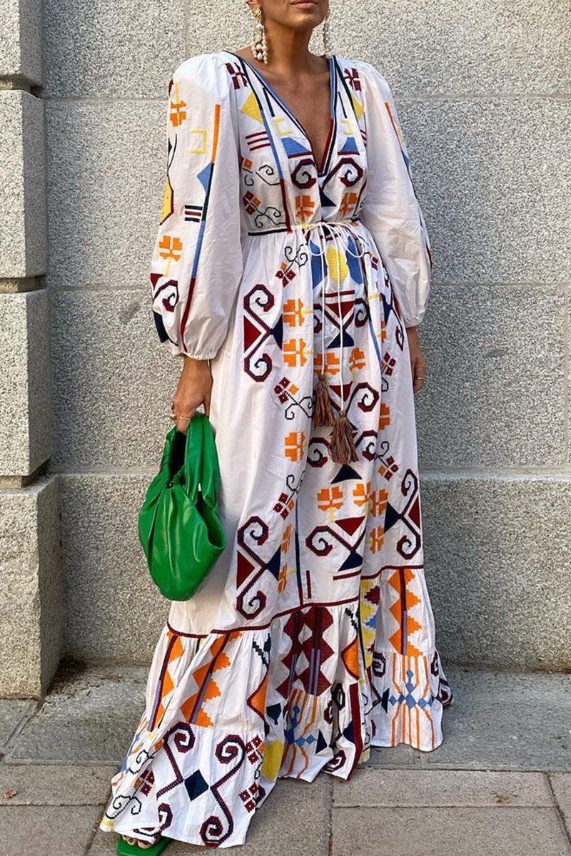 Vestidos elegantes de moda con estampado de cordón ajustable y escote en V con frenillo
