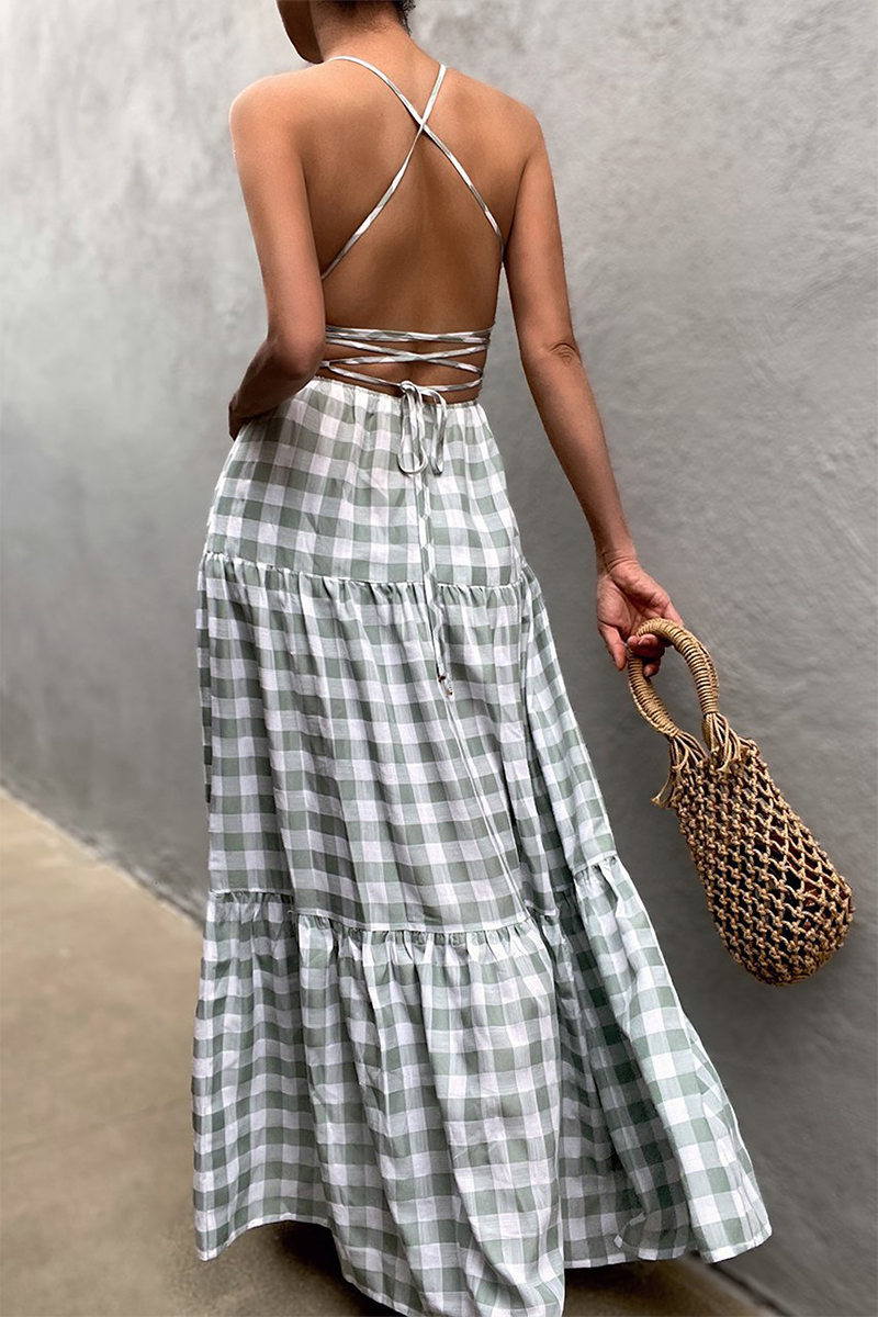 Vestidos casuales de vacaciones con cuello halter, espalda descubierta y frenillo a cuadros