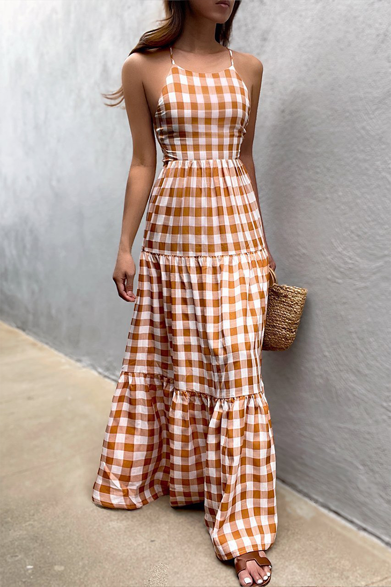 Vestidos casuales de vacaciones con cuello halter, espalda descubierta y frenillo a cuadros