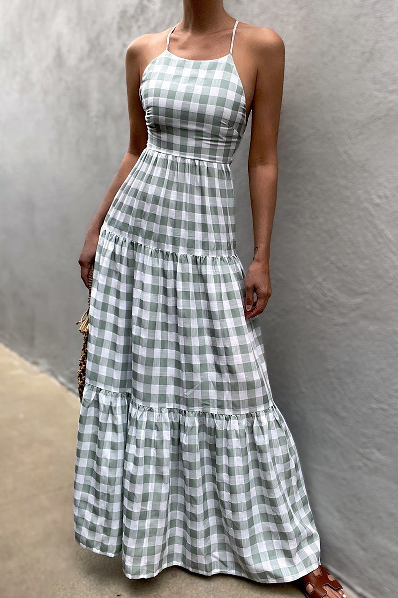 Vestidos casuales de vacaciones con cuello halter, espalda descubierta y frenillo a cuadros