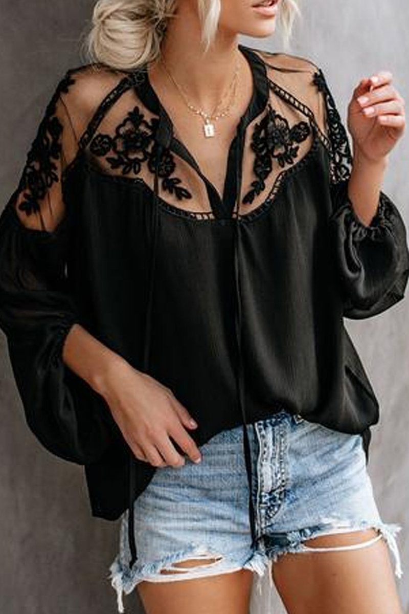 Elegante blusa de encaje liso con frenillo y escote en V transparente (3 colores)