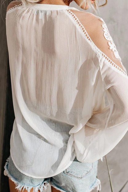 Elegante blusa de encaje liso con frenillo y escote en V transparente (3 colores)
