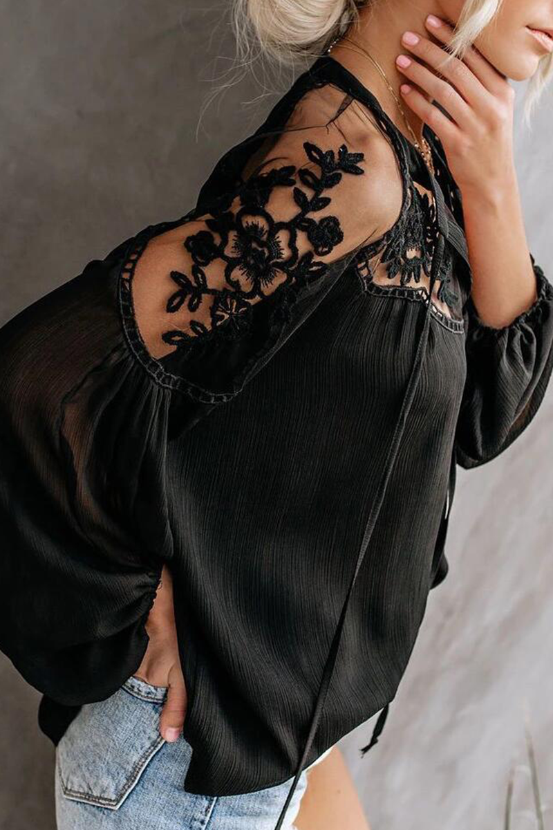 Elegante blusa de encaje liso con frenillo y escote en V transparente (3 colores)
