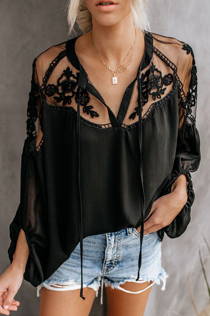 Elegante blusa de encaje liso con frenillo y escote en V transparente (3 colores)