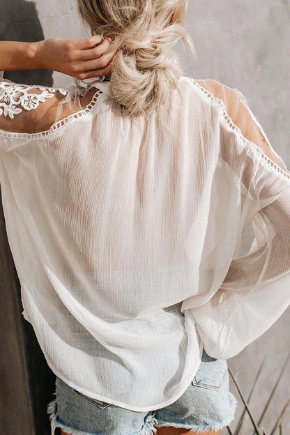 Elegante blusa de encaje liso con frenillo y escote en V transparente (3 colores)