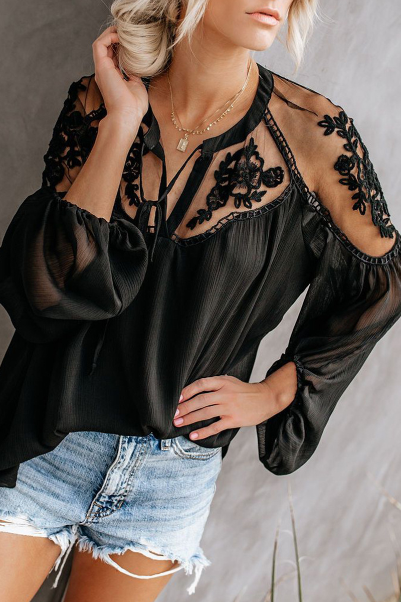 Elegante blusa de encaje liso con frenillo y escote en V transparente (3 colores)