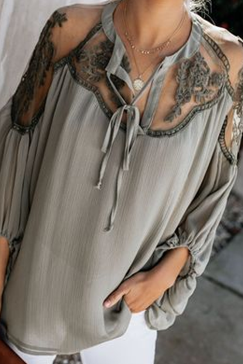 Elegante blusa de encaje liso con frenillo y escote en V transparente (3 colores)