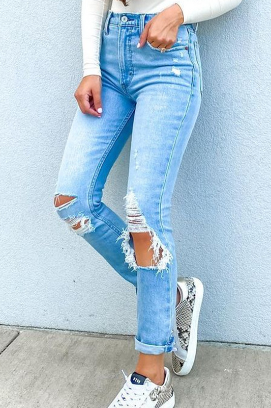 Pantalones de tubo rasgados con borlas lisas de calle de color liso