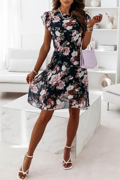 Elegantes vestidos de corte A con cuello redondo y volantes florales