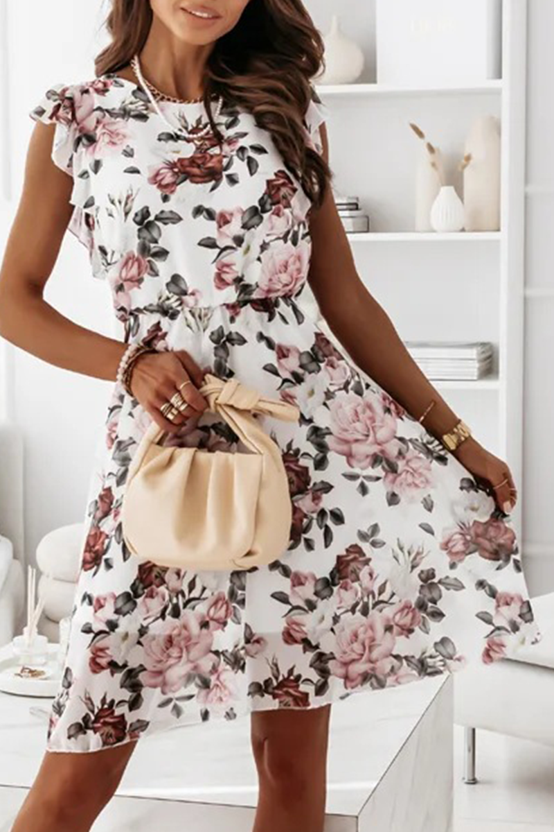 Elegantes vestidos de corte A con cuello redondo y volantes florales