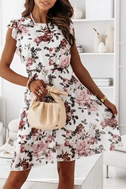Elegantes vestidos de corte A con cuello redondo y volantes florales