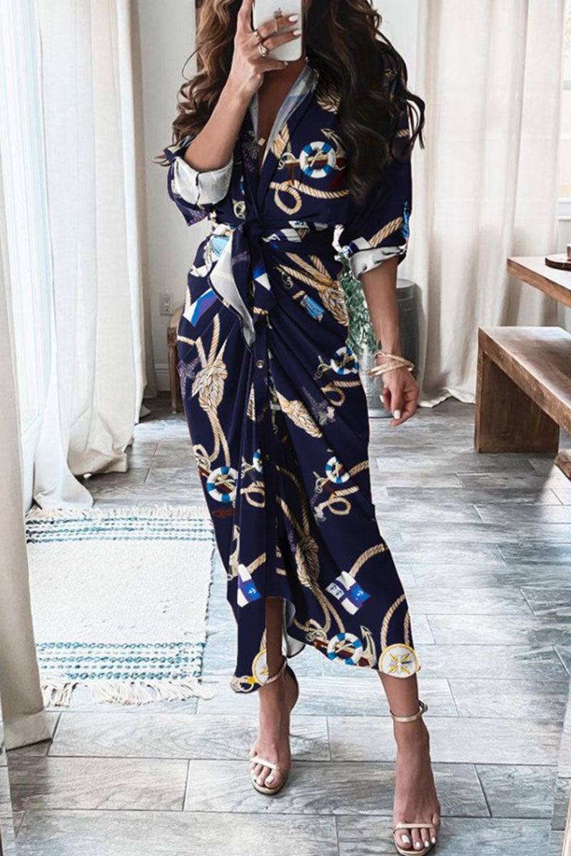 Vestidos de línea A con cuello vuelto y estampado urbano de moda (7 colores)