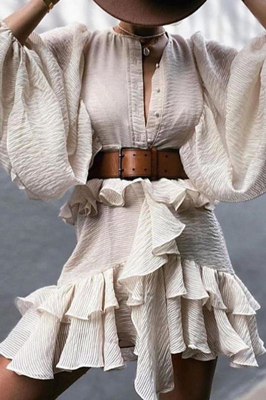 Vestido elegante de moda con hebilla sólida, volante y cinturón, cuello redondo, corte A (3 colores)