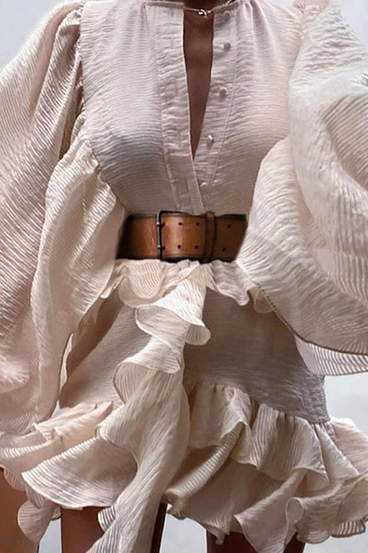 Vestidos elegantes de moda con hebilla sólida, volante y cinturón, cuello redondo, línea A