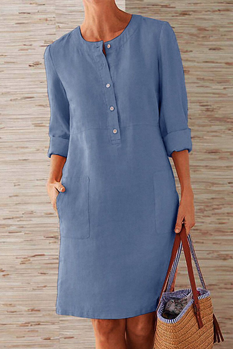 Vestidos casuales de manga larga con cuello redondo, bolsillos y hebilla (6 colores)